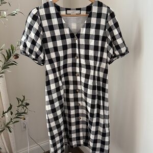 LOFT Black & White Gingham Button-Front Linen Blend Mini Dress Size 8P
